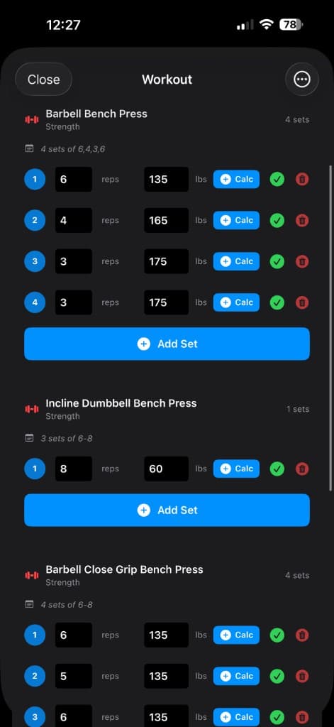 Workout logging in Apex Data Pro